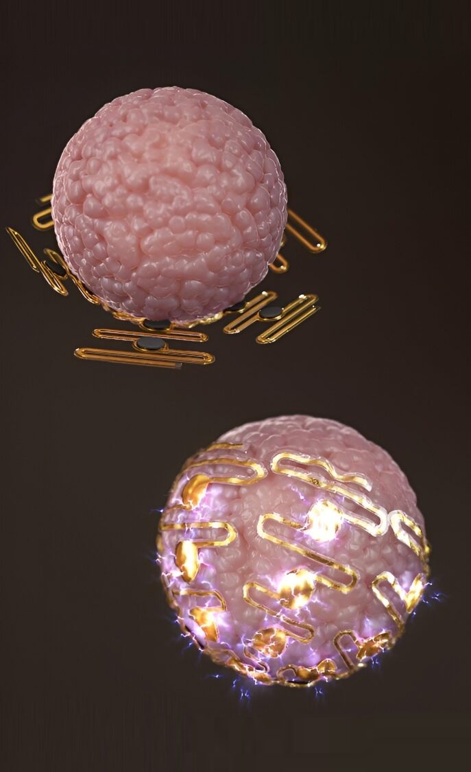 < Figure 1. Schematic image of highly stretchable MEA (sMEA) with protruding microelectrodes. >