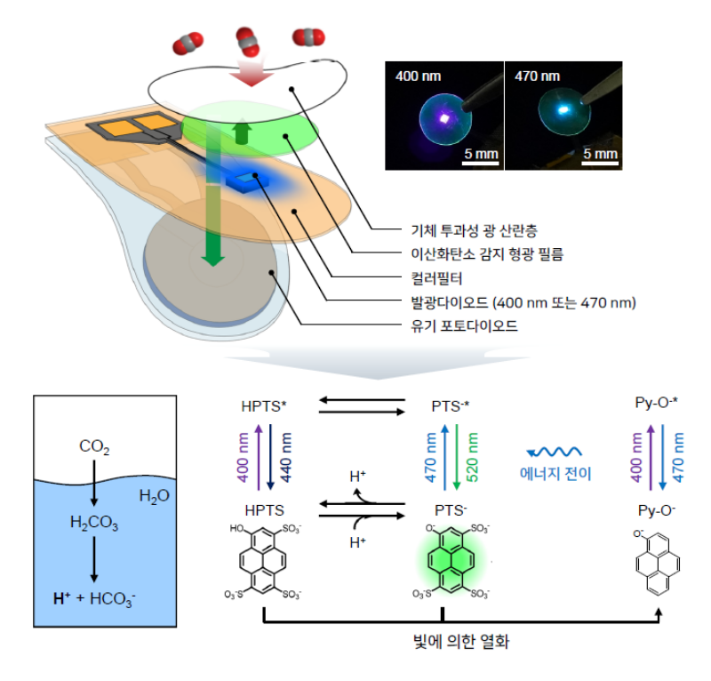 연구팀이 개발한 광화학적 이산화탄소 센서의 구조와 작동 원리