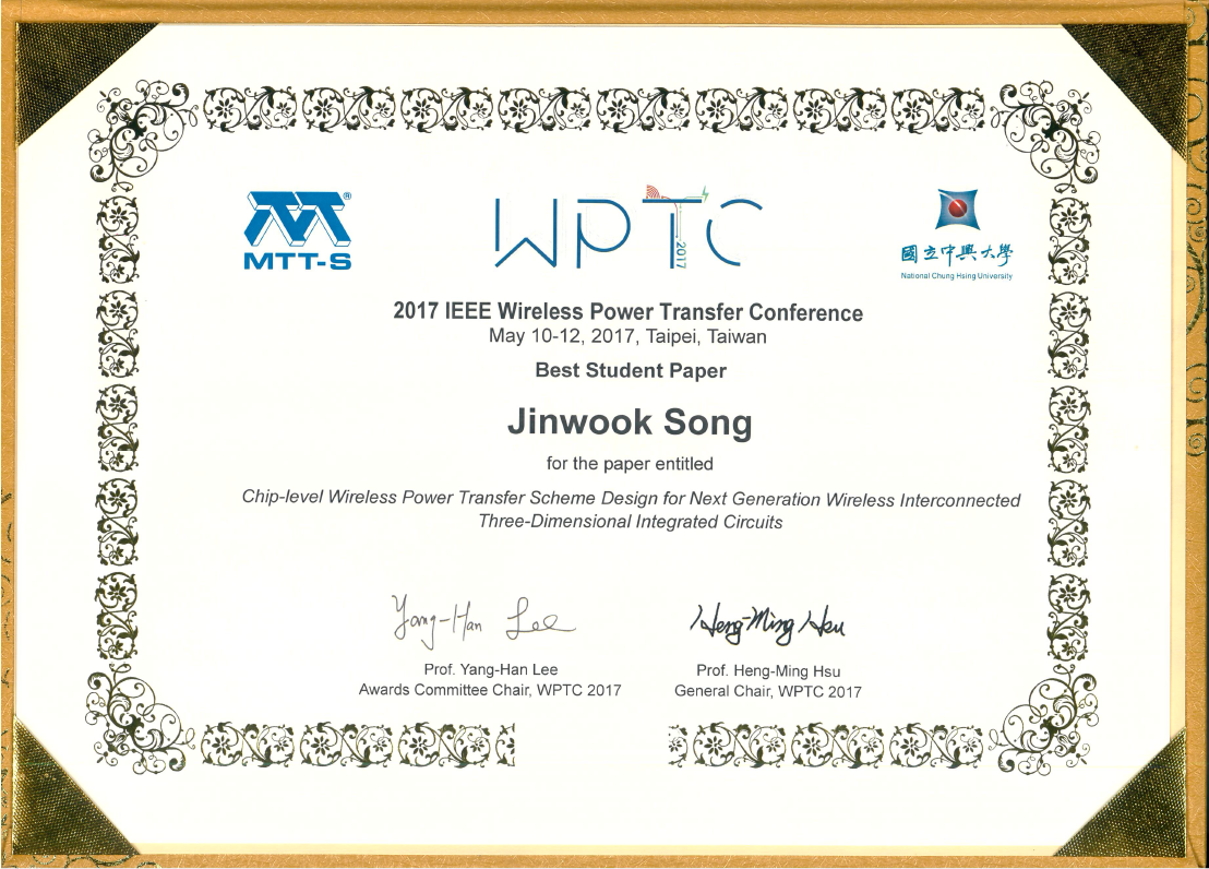 IEEE WPTC 2017 Best Student Paper Jinwook Song (advisor Jeong-ho Kim)