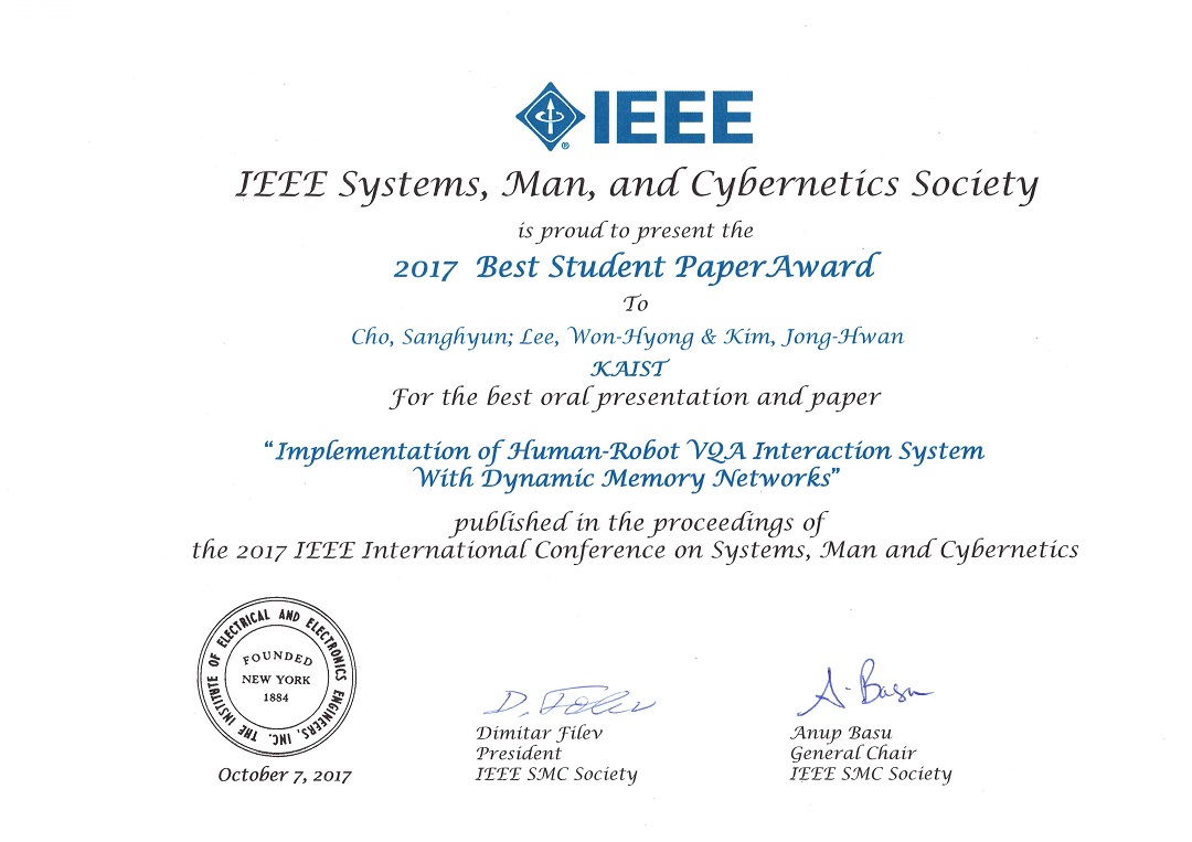 김종환 교수 연구실 조상현 석사과정, 이원형 박사 IEEE SMC Best Student Paper Award 수상