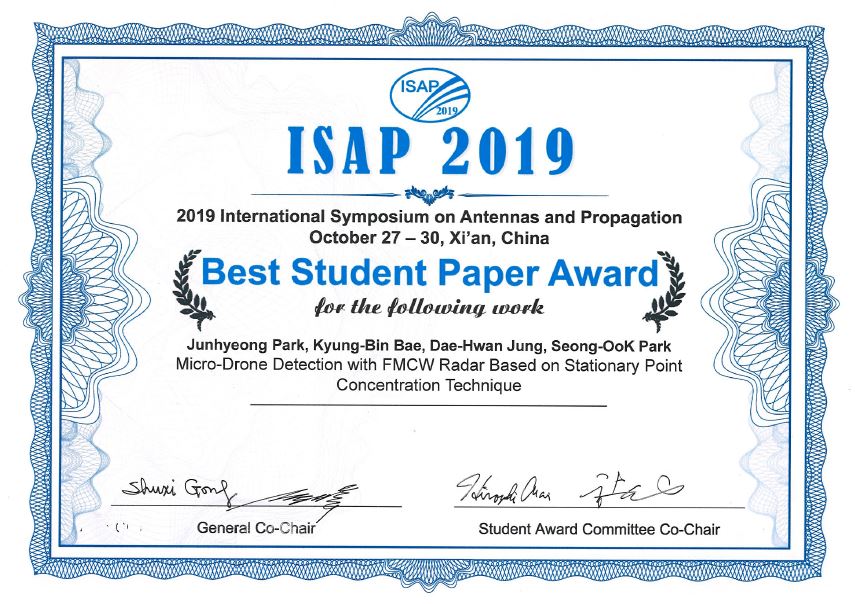 Ph.D. student Junhyeong Park(Advised by Seong-Ook Park), won the Best Student Paper Award at ISAP 2019