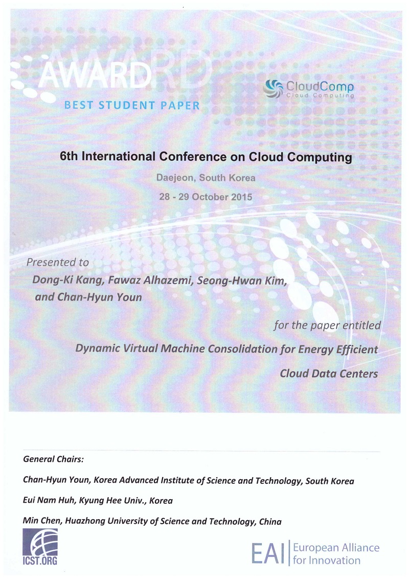 윤찬현 교수 연구실 강동기 CloudComp 2015 Best Student Paper Award