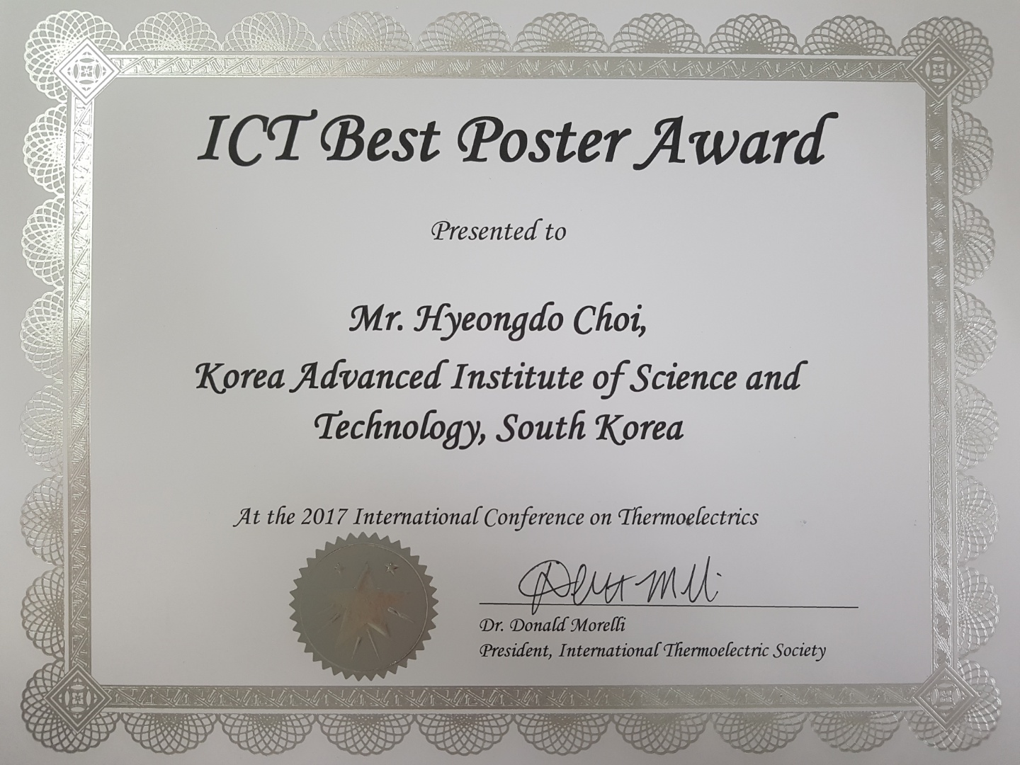 2017 ICT Best Poster Paper Award, Hyeongdo Choi (advisor Prof. Byung Jin Cho)